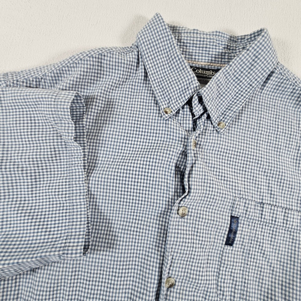 Columbia Button Down Shirt Mens Large Blue Gingham Short Sleeve Cotton AM7155